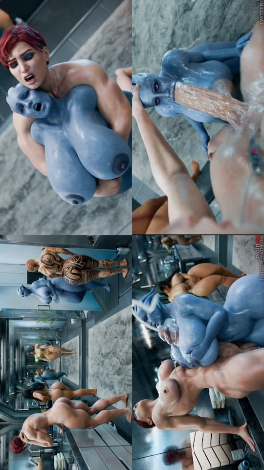 [4K] Femshepard Dominates Liara with Massive Cock in Wet Shower Orgy [Rigid3D]